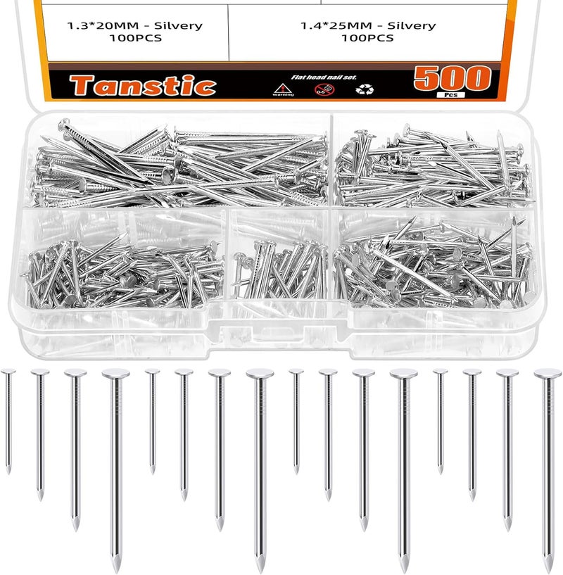 Tanstic 500Pcs 4 Sizes Hardware Nails Assortment Kit Finishing Nails Nails for Hanging Pictures Small Nails Wall Nails for Picture Hanging Woodworking(Silver) - Image 1